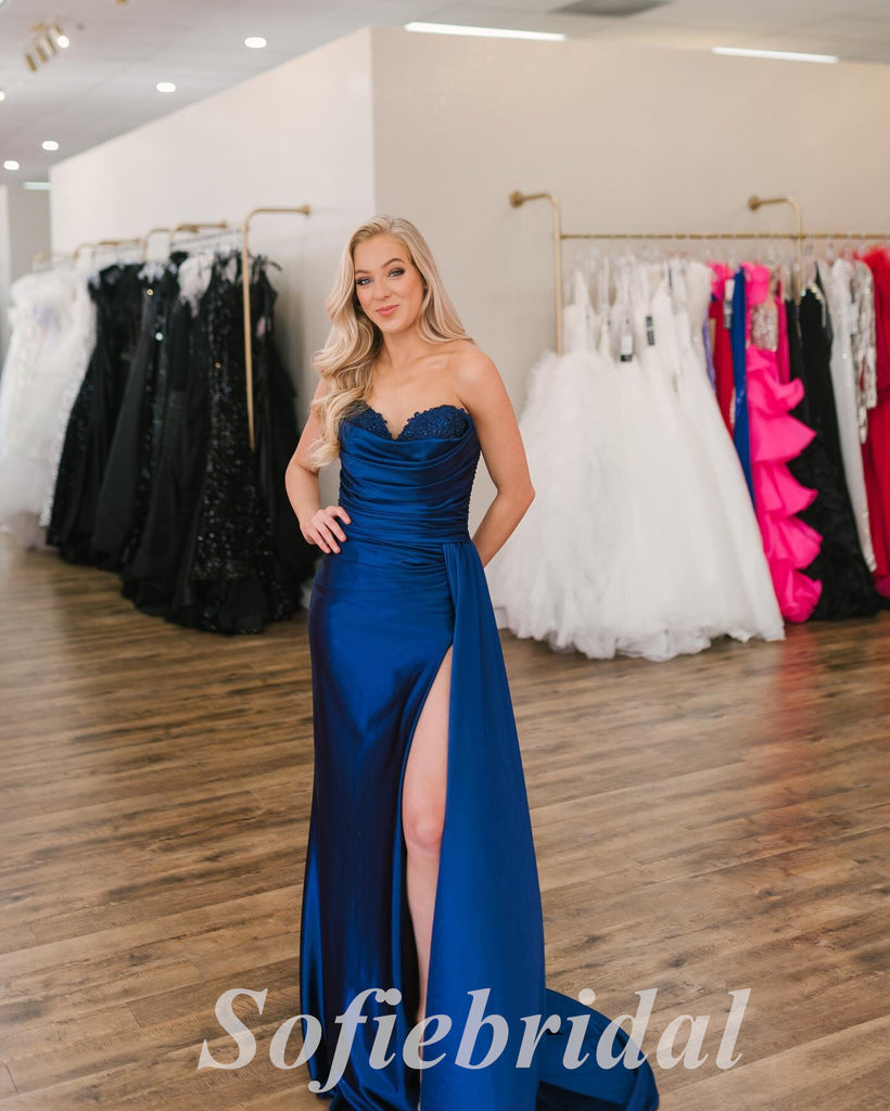 Sexy Royal Blue Satin Sweetheart Sleeveless Side Slit Mermaid Long Prom Dresses With trailing,SFPD0690