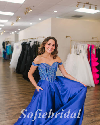 Sexy Sequin Top Satin Bottom Off Shoulder V-Neck Sleeveless A-Line Long Prom Dresses,SFPD0649