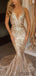 V-neck Gold Lace Sexy Mermaid Long Prom Dresses, PD0794