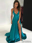 Deep V-neck Prom Dresses, Turquoise Prom Dresses, Long Side Slit Prom Dresses, PD0713