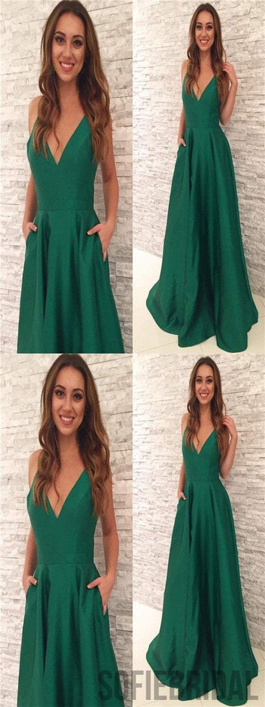 V-neck Green Satin Prom Dresses, A-line Prom Dresses, Long Prom Dresses, Cheap Prom Dresses, PD0601