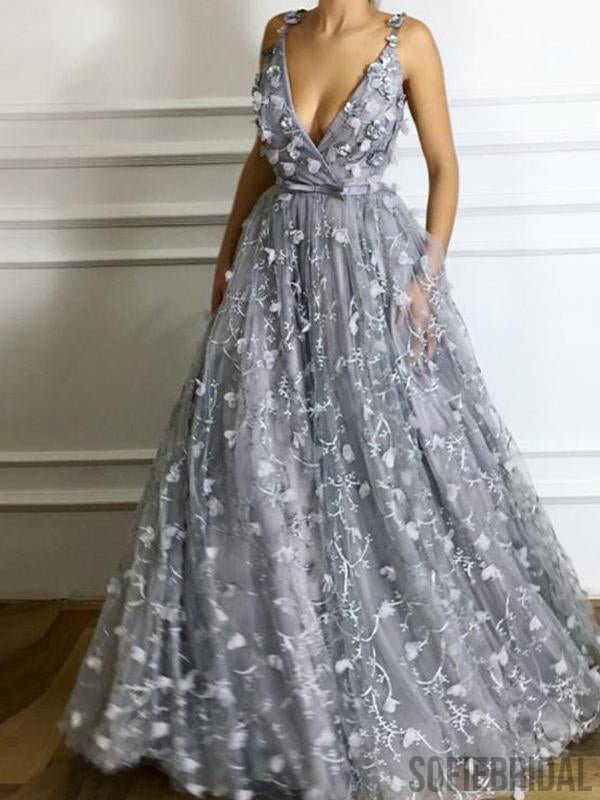 V-neck Grey Floral Prom Dresses, A-line Prom Dresses, Cheap Prom Dresses, PD0680