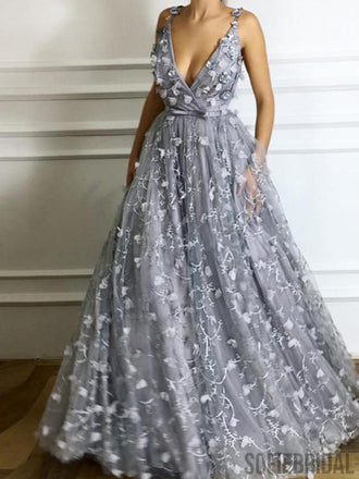 V-neck Grey Floral Prom Dresses, A-line Prom Dresses, Cheap Prom Dresses, PD0680