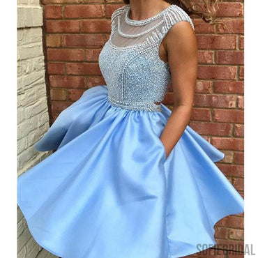 Light Blue Satin Homecoming Dresses, Beaded Open Back Homecoming Dresses, Homecoming Dresses, SF0114