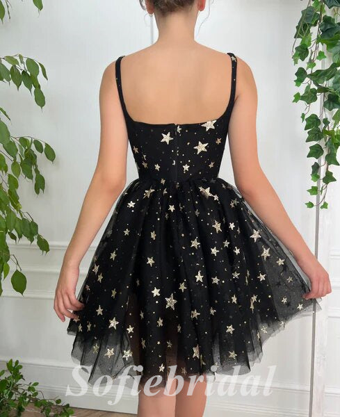 Star Tulle Spaghetti Straps Sleeveless Short Prom Dresses/Homecoming Dresses,HD0217