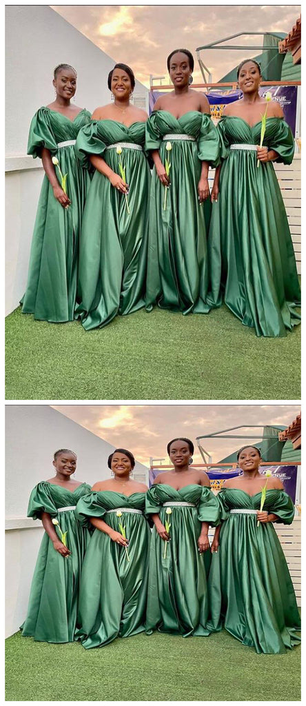 Green A-Line V-Neck Half Sleeve Floor Length Long Bridesmaid Dresses , SFWG00420