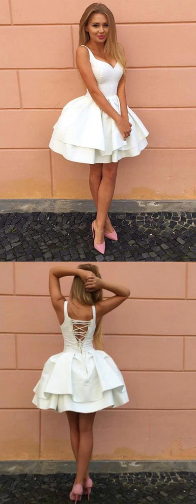 White Satin Princess/A-Line Spaghetti Straps Lace up Homecoming Dresses,HD0206