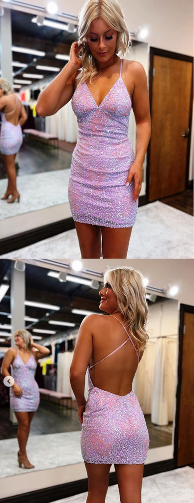 Sexy Pink Sequin V-Neck Spaghetti Straps Backless Embroidered Short Homecoming Dresses, HD0191