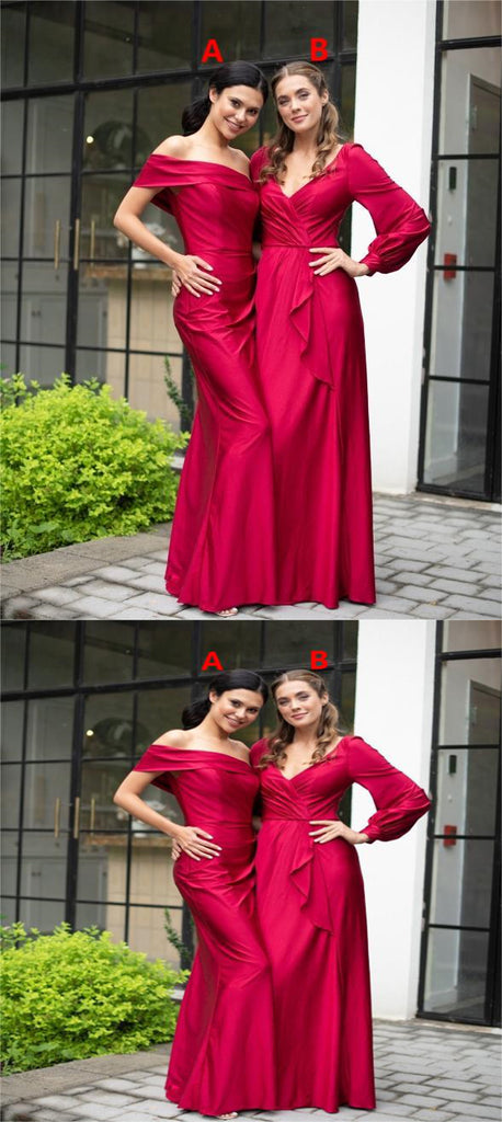 Mismatched Red Soft Satin A-Line Floor Length Mermaid Bridesmaid Dresses, SFWG00433