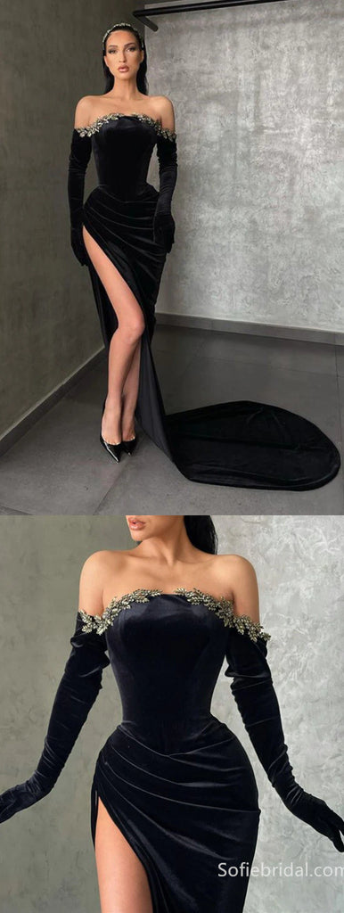 Black High-split Velvet Off-the-shoulder Mermaid Prom Dress With Emblishment,SFPD0202