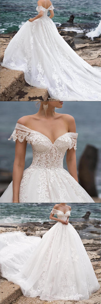 Beautiful V-neck Off Shoulder Cathedral Train Lace Elegant Wedding Dresses,SFWD0049