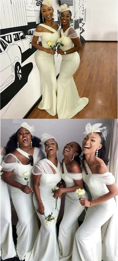Unique White Satin Bridesmaid Dresses Mermaid Long Wedding Guest Dress, SFWG00425