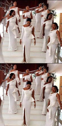 Elegant White Satin One Shoulder Floor Length Mermaid Bridesmaid Dresses, SFWG00426