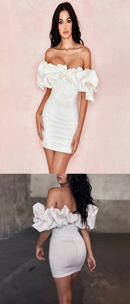 Charming White Soft Satin Off Shoulder Short Homecoming Dresses, HD0185