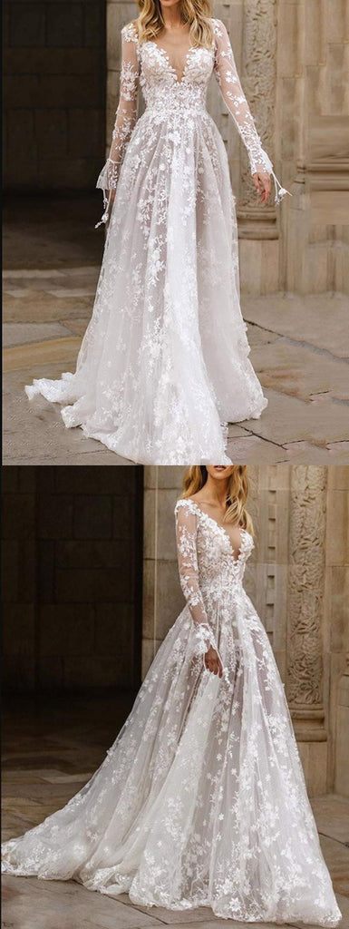 Beautiful Lace V-neck long sleeves Backless Elegant Wedding Dresses,SFWD0050