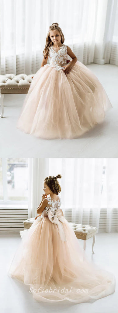 Cute Elegant Spaghetti Straps Lace Tulle A-Line Flower Girl Dresses, FGS0032
