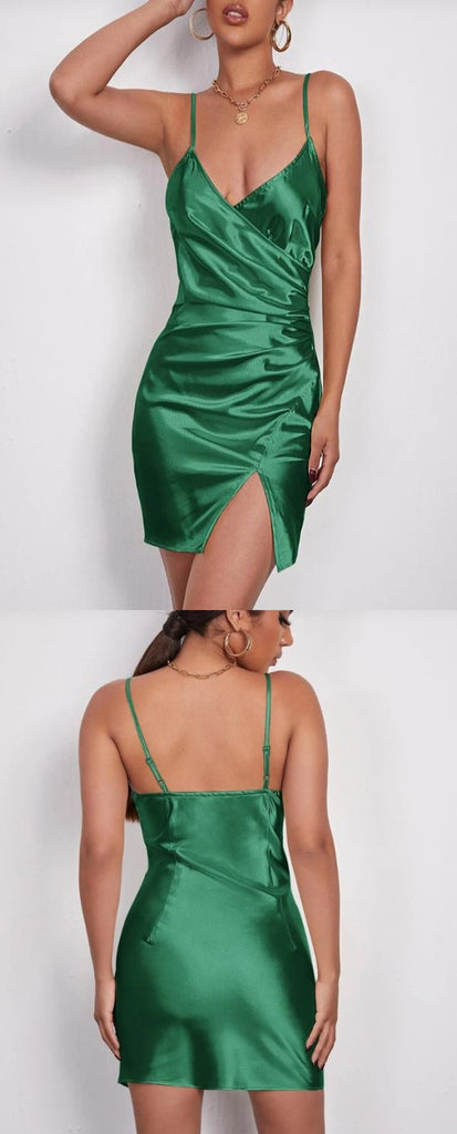 Sexy Dark Green Satin V-Neck Side Slit Short Homecoming Dresses, HD0190