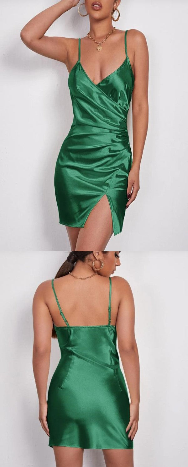 Sexy Dark Green Satin V-Neck Side Slit Short Homecoming Dresses, HD019 SofieBridal Sexy Dark Green Satin V-Neck Side Slit Short Homecoming Dresses, HD019 SofieBridal