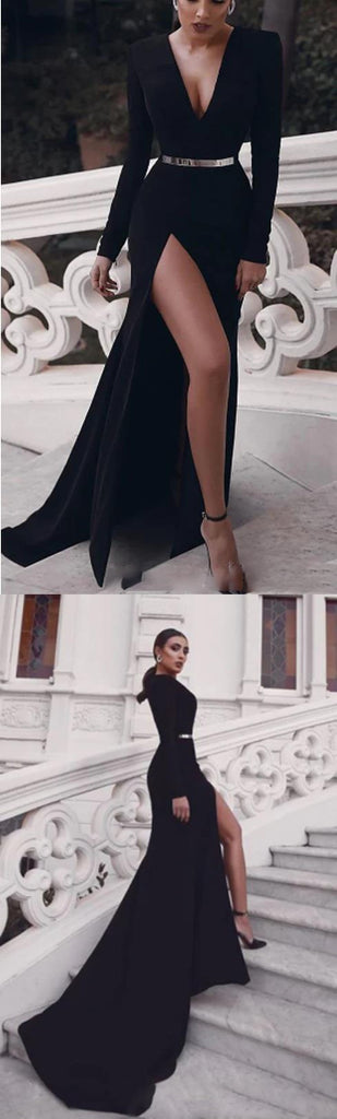Black Sexy Crepe V-Neck Long Sleeves Side Slit Prom Dresses,SFPD0182