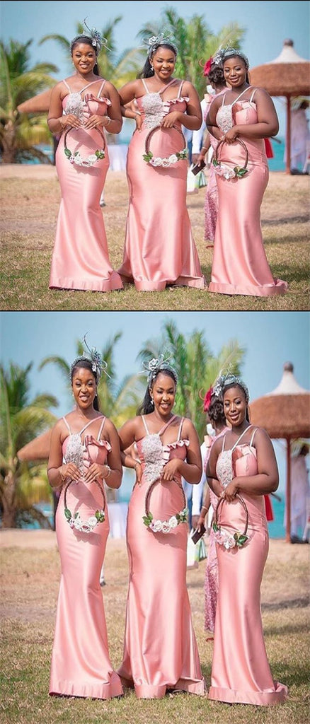 Elegant Pink Satin Spaghetti Straps Appliqued Meermaid Bridesmaid Dresses, SFWG00431