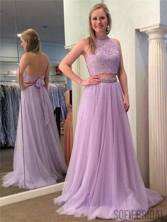 Two Piece Halter Backless Lavender Lace Tulle Prom Dress, PD0065