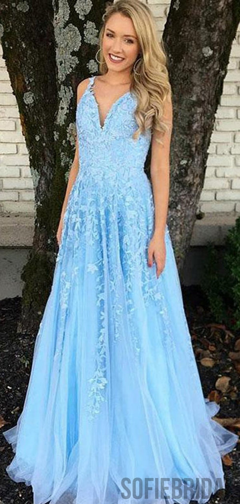 V-neck Light Blue Lace Tulle Long Prom Dresses, PD0957