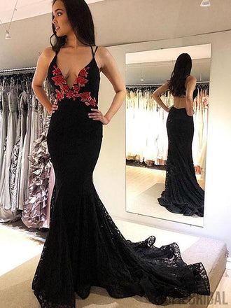 Black V-neck Lace Mermaid Prom Dresses, Cheap Prom Dresses, PD0743