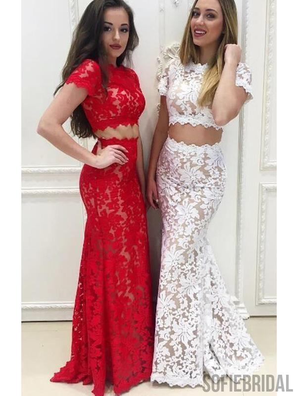 2 Pieces Long Mermaid Cap Sleeves Lace Prom Dresses, PD0943