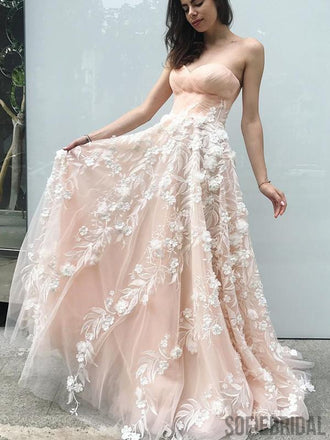Sweetheart Long Prom Dresses, Blush Pink Prom Dresses, Lace Prom Dresses, PD0739