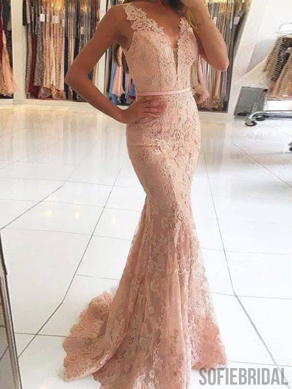 Sleeveless Lace Mermaid Long Prom Dresses, Cheap Prom Dresses , PD0775