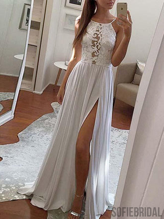 White Lace A-line Side Slit Prom Dresses, Cheap Popular Prom Dresses, PD0769