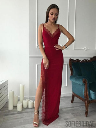 Red Spaghetti Long Side Slit Sheath Prom Dresses, Formal Evening Dresses, Prom Dresses, PD0734