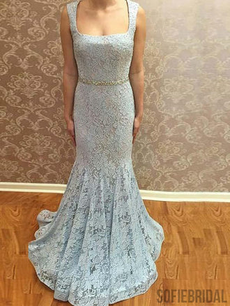 Light Blue Lace Mermaid Long Prom Dresses, Cheap Newest Prom Dresses, PD0771