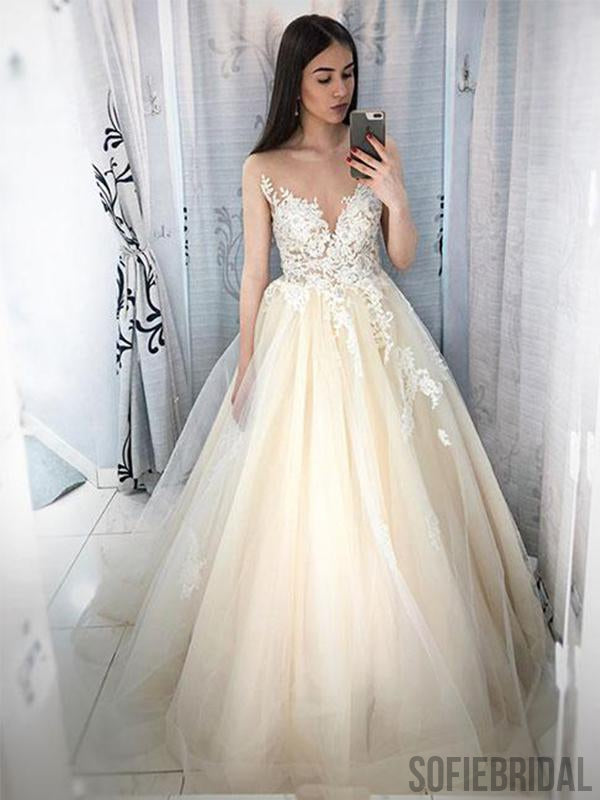 Ivory Lace Tulle Long A-line Prom Dresses/Wedding Dresses, PD0792