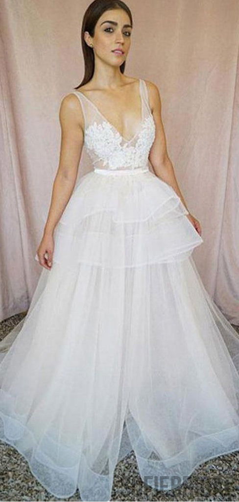 V-neck Long A-line Ivory Lace Tulle Prom Dresses, PD0951