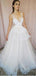 V-neck Long A-line Ivory Lace Tulle Prom Dresses, PD0951