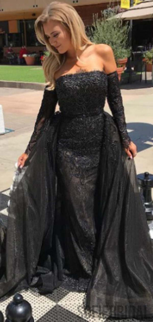 Sexy Black Lace Long Prom Dresses with Separate Sleeves, Cheap Prom Dresses , PD0776