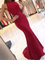 Sexy Red Lace Mermaid Prom Dresses, Newest Long Prom Dresses, PD0770