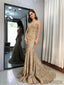 Sleeveless Long Mermaid Gold Lace Prom Dresses, Popular Prom Dresses , PD0777