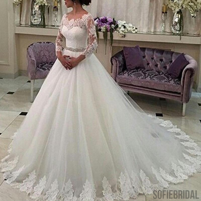 Scoop Neckline Long Sleeve See Through Long A-line Lace Tulle Wedding Party Dresses, WD0213