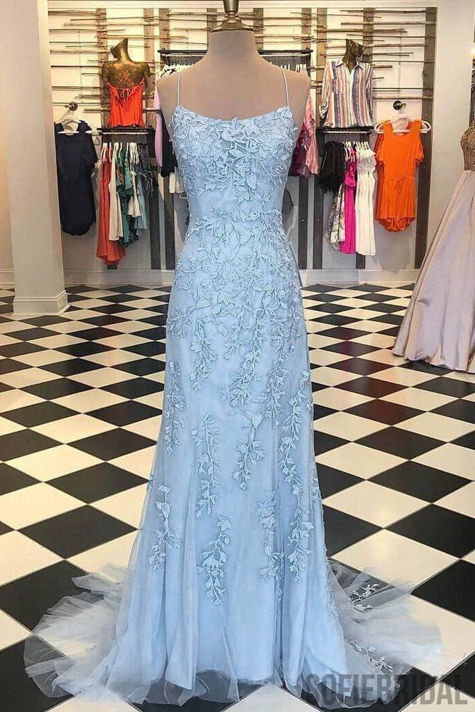 Blue Lace Applique Mermaid Sexy Cheap Long Prom Dresses, PD0059