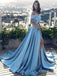 Blue Off Shoulder Prom Dresses, Side Slit Prom Dresses, Cheap A-line Prom Dresses, PD0687