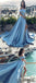 Blue Off Shoulder Prom Dresses, Side Slit Prom Dresses, Cheap A-line Prom Dresses, PD0687