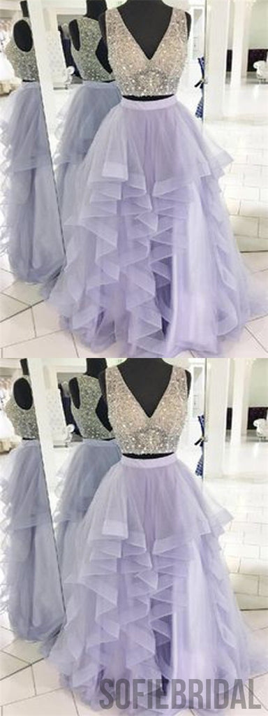 2 Pieces Prom Dresses, Beaded Prom Dresses, Lilac Prom Dresses, Long Prom Dresses, PD0681