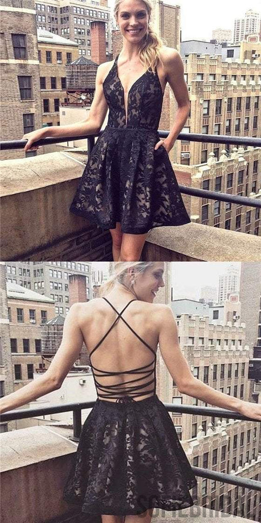 Black Lace Homecoming Dresses, Sexy Lace Up Homecoming Dresses, Cheap Homecoming Dresses, SF0117