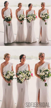One Shoulder White Bridesmaid Dresses, Side Slit Bridesmaid Dresses, Long Bridesmaid Dresses, PD0706