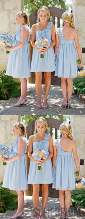 One Shoulder Light Blue Bridesmaid Dresses, Short Bridesmaid Dresses, Bridesmaid Dresses, PD0497
