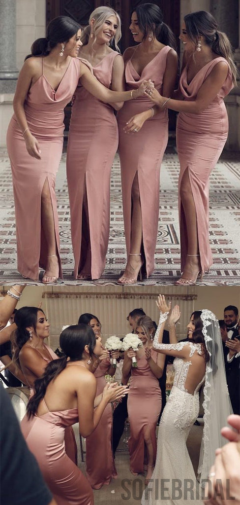 Sexy Mermaid Long Side Slit Dusty Pink Bridesmaid Dresses, PD0968