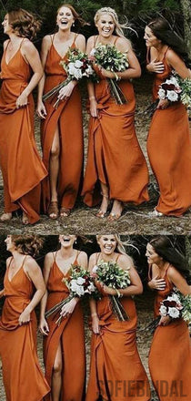 V-neck Side Slit Prom Dresses, Long Bridesmaid Dresses, Fall Wedding Bridesmaid Dresses, PD0699