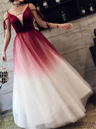 A-line Floor-length V-neck Long Tulle Lace Up Back Prom Dresses, PD0082